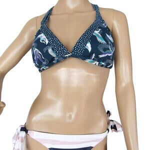 Cremiuex Women’s L Green Crane Print Tie-Neck Halter Bikini Swim Top